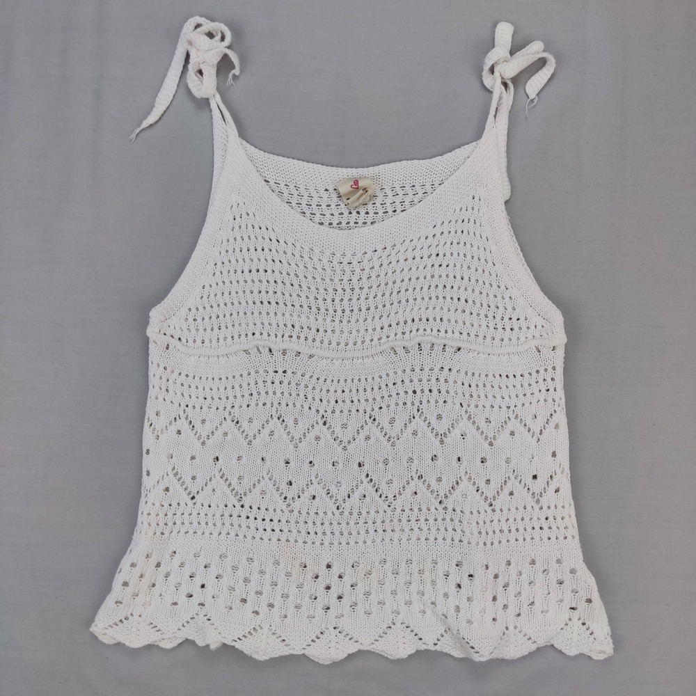 IJOAH Tank Top Womens Small White Crochet Knit Tie Shoulder‎ Boho Scalloped Hem